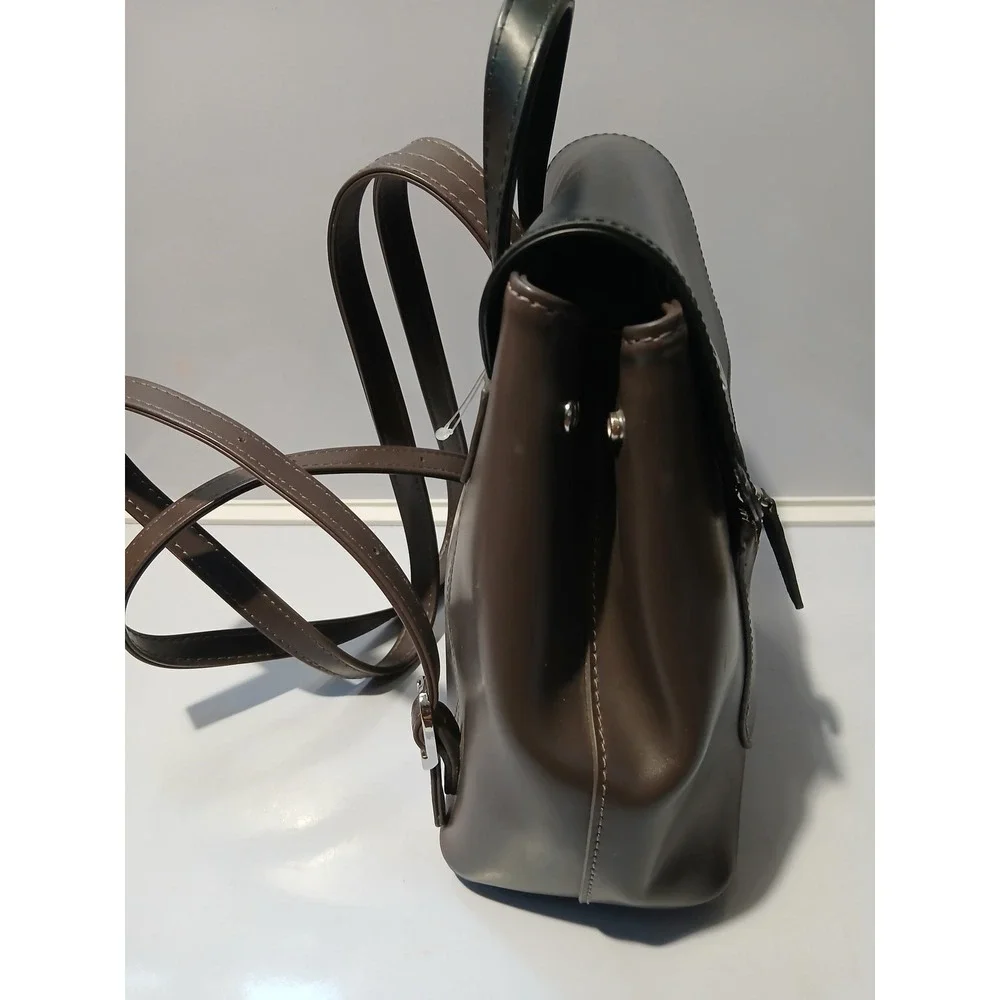 L CREDI Two Tone Leather Mini‎ Backpack Brown Black Flap Zip Pocket
